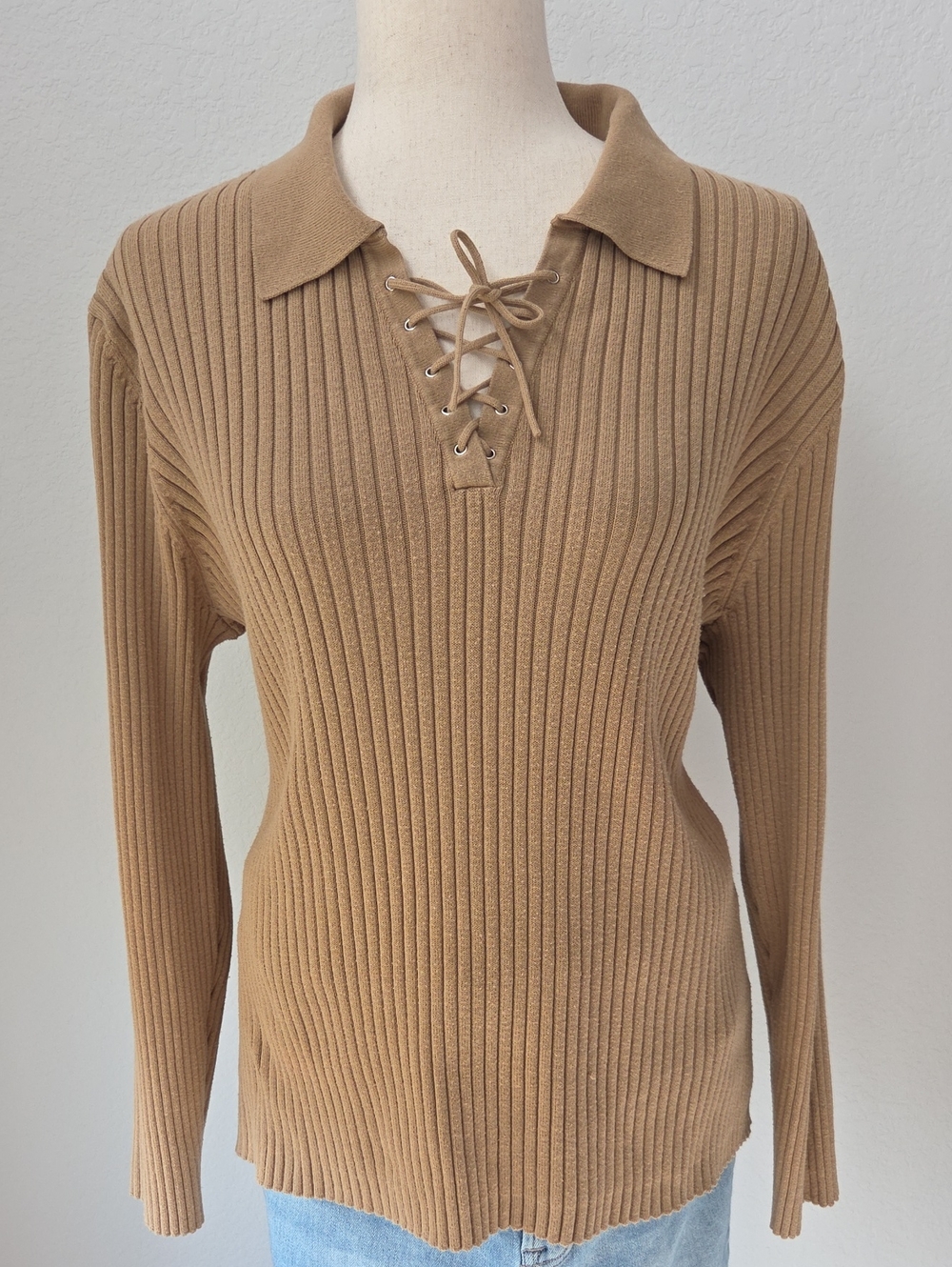Lace-Up Ribbed V-Neck Sweater — Camel Brown Shirt Lace Up Basic Fall Sz 18/20